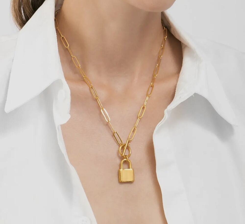 14 K Gold Plated Lock Paper Clip Chain Toggle Necklace 18” Long